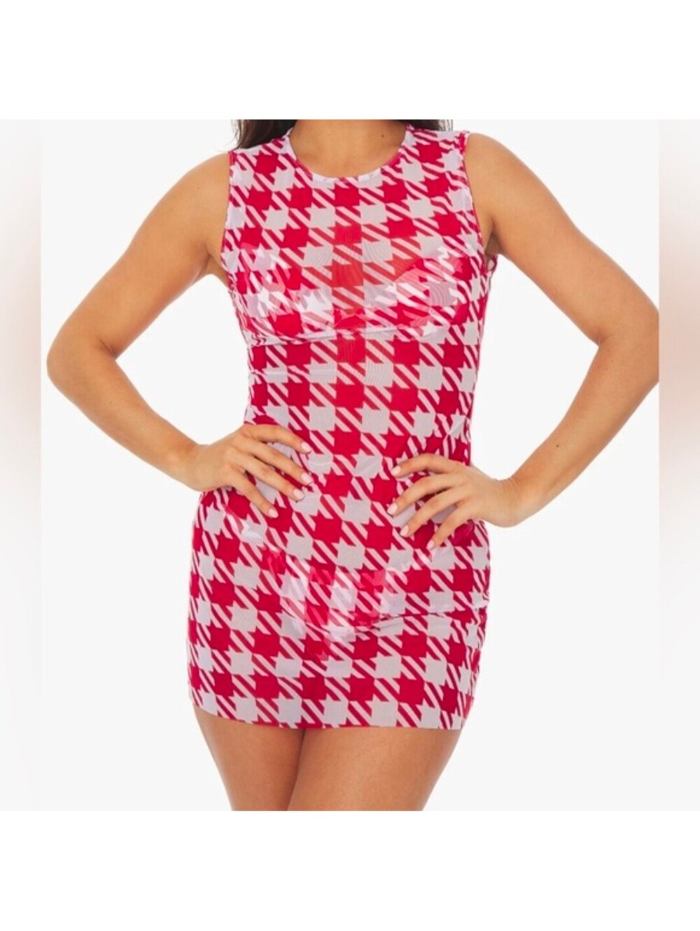 NWT WeWoreWhat Red Houndstooth Sheer Knit Muscle Dress Cover Up Resort XS/S